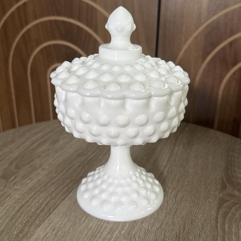 Vintage Fenton Hobnail Milk Glass Pedestal Footed Compote /Candy  Bowl with Lid